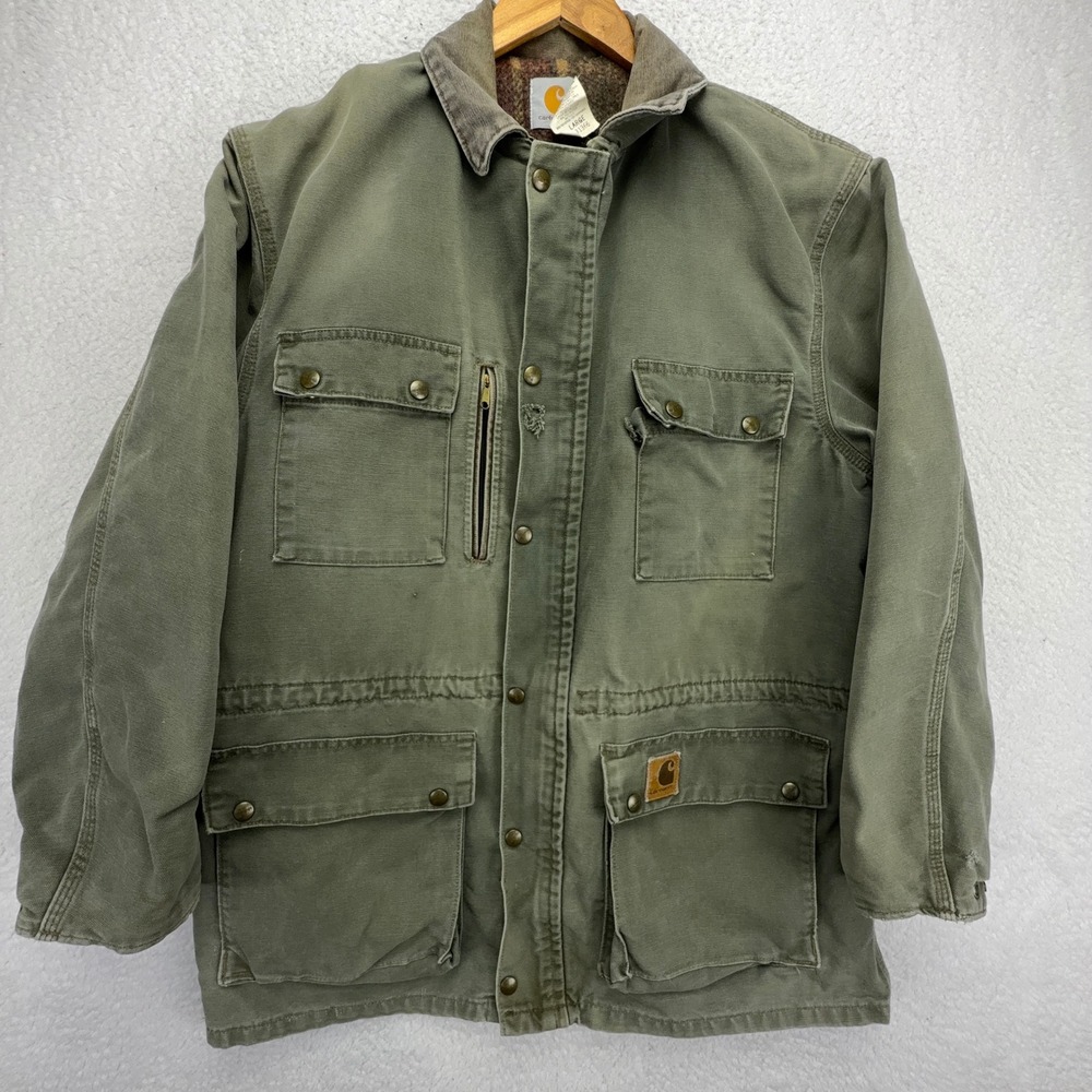 Carhartt PB1366 Mens Large Green Canvas Blanket Lined Field Coat Jacket USA Made